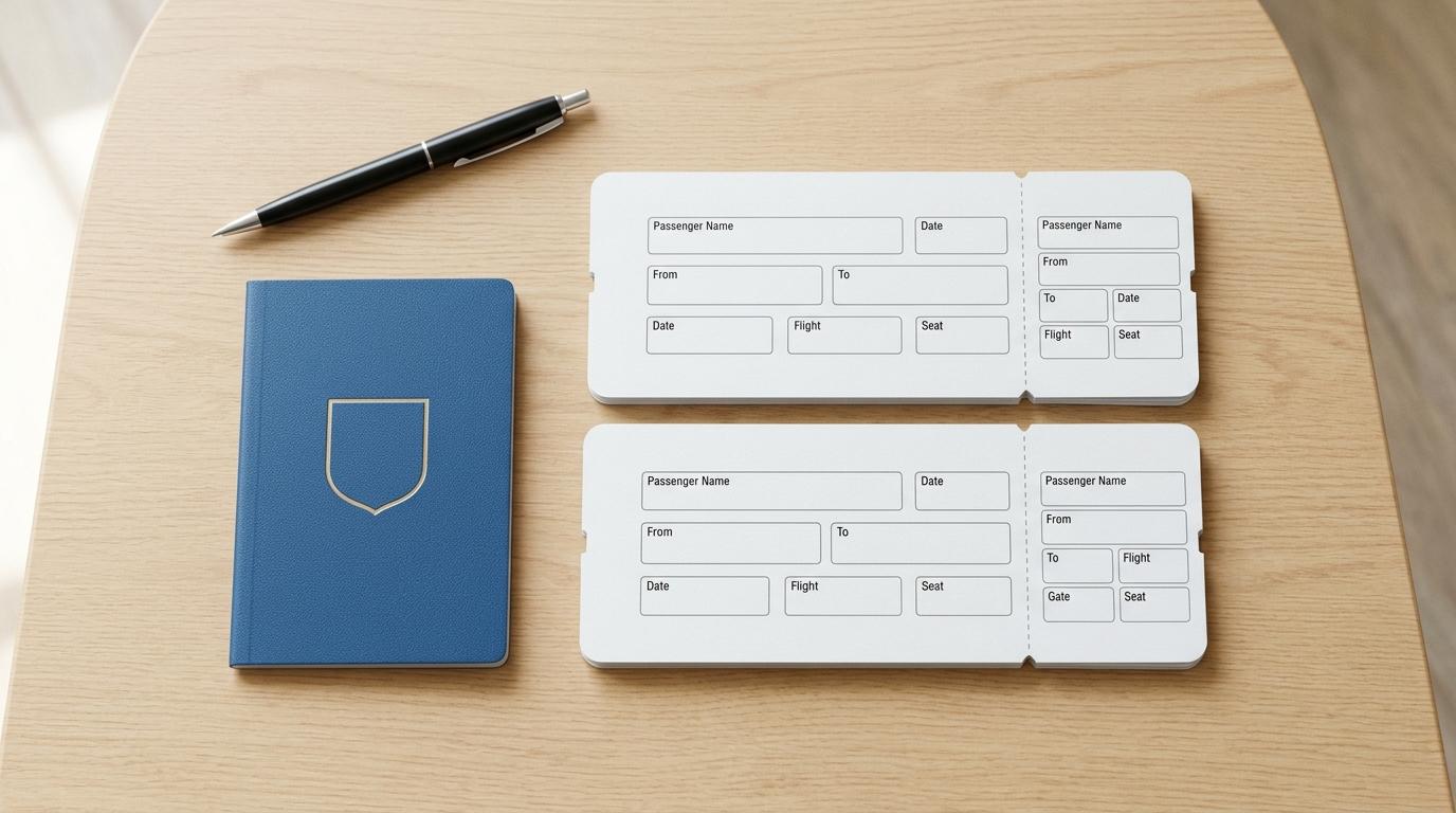 Minimalist flat lay of two airline boarding passes, passport, and a pen on a clean desk, bright light, photorealistic, no text