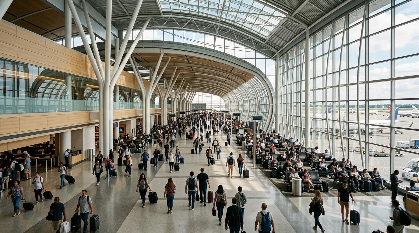 Wide interior view of a modern international airport terminal with travelers and sunlight, photorealistic, no signage, no text