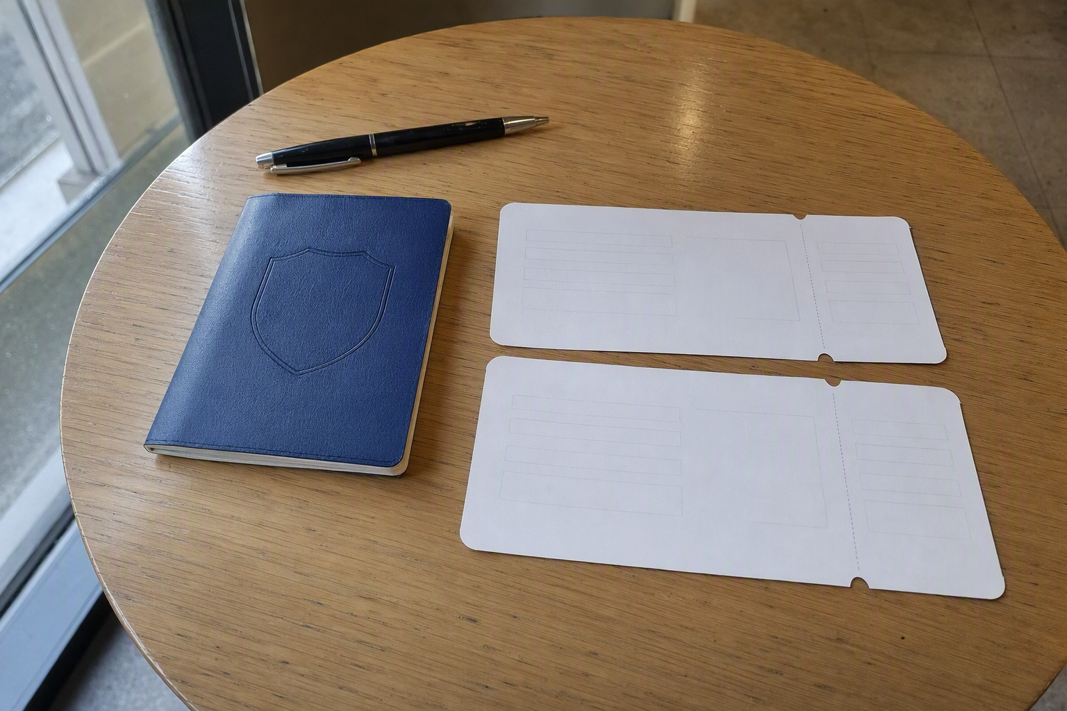 Minimalist flat lay of two airline boarding passes, passport, and a pen on a clean desk, bright light, photorealistic, no text