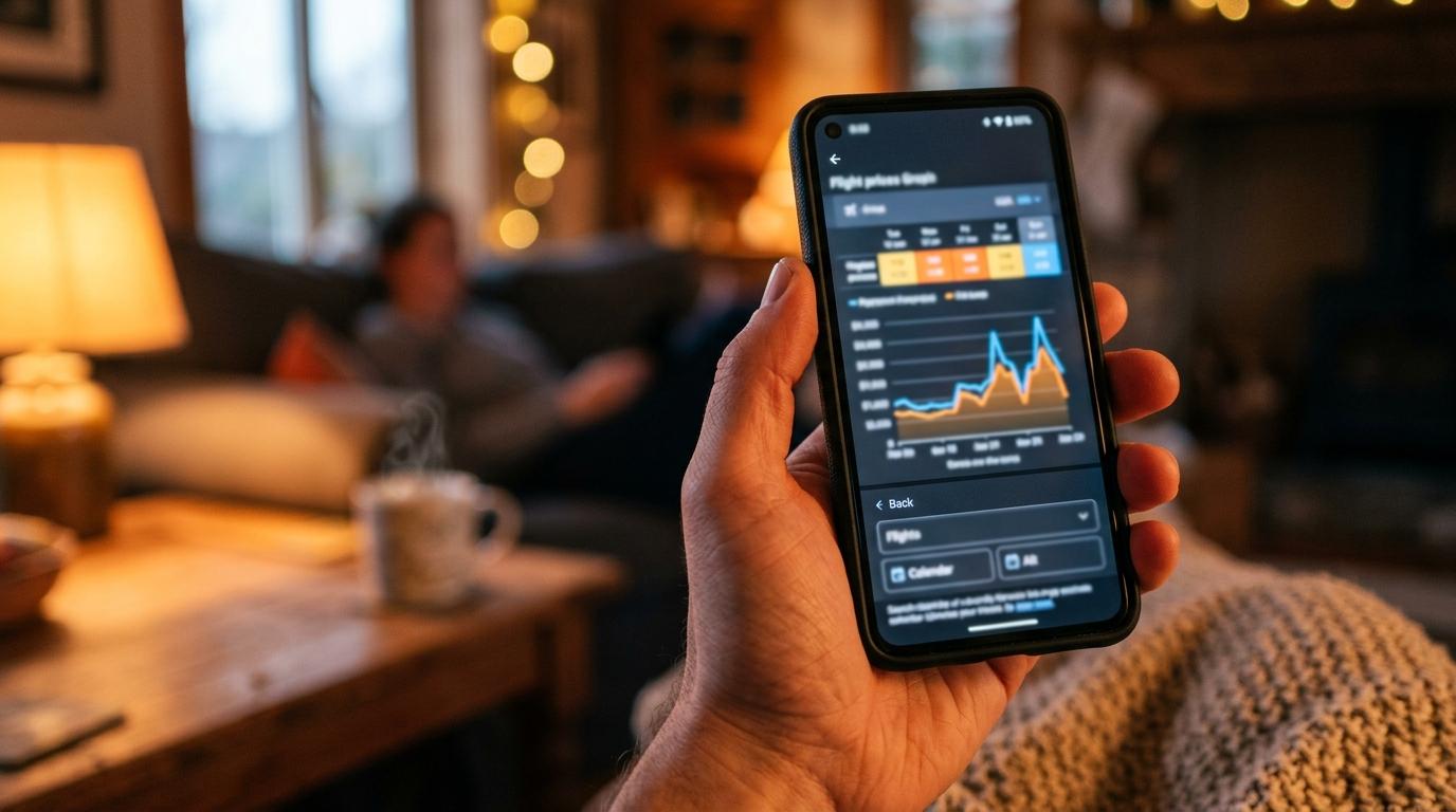 Close-up of a hand holding a smartphone with a blurred flight price graph, cozy evening light, photorealistic, no text