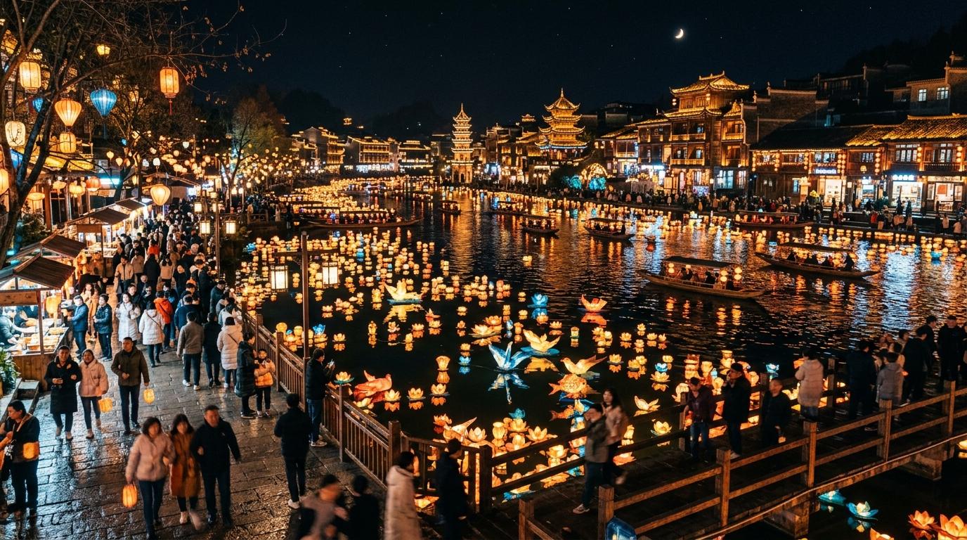 Photorealistic night scene of a river filled with glowing lantern installations, reflections on water, people strolling along the banks, no text
