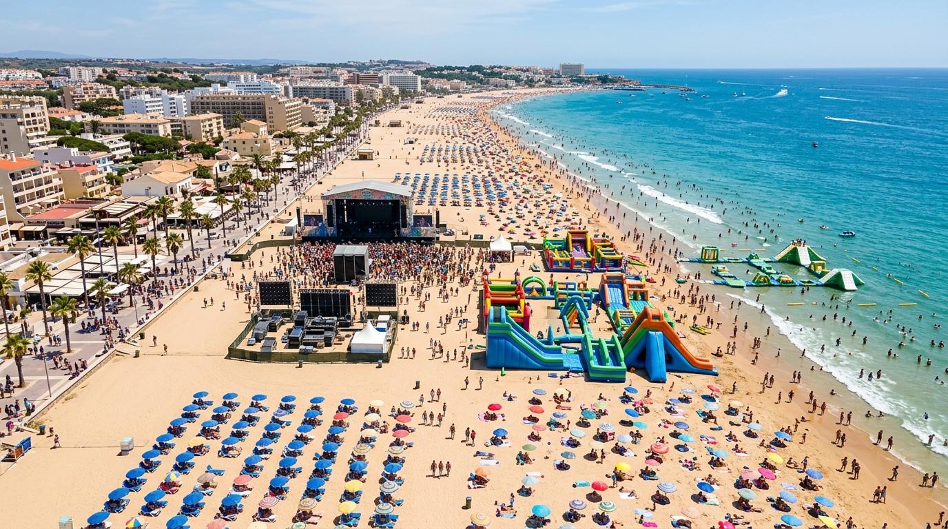 Photorealistic aerial view of a wide sandy beach with crowds, parasols, stages, and inflatable zones, vibrant midday light, no text