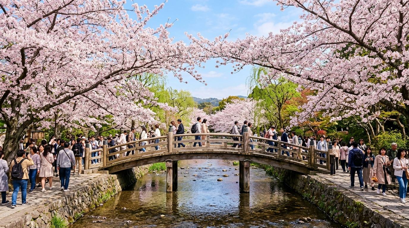 Photorealistic bright image of cherry blossoms arching over a stream with a small bridge and crowds strolling, clear spring sky, no text