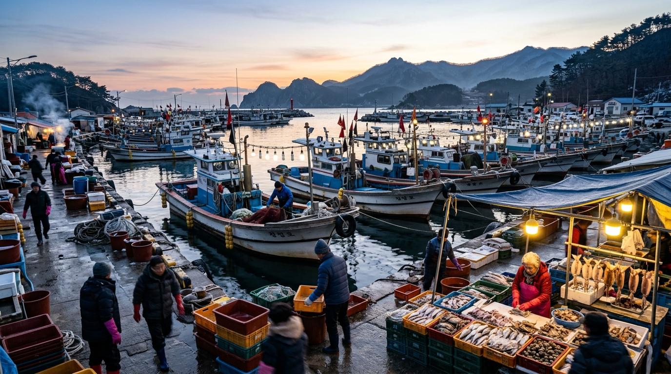 Photorealistic image of a small East Coast Korean fishing port at dawn, boats moored, seafood market stalls, crisp winter light, no text