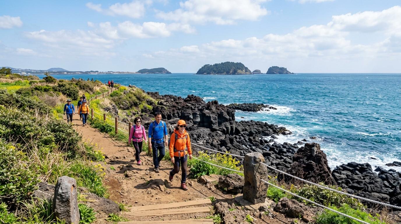 Photorealistic bright image of Jeju coastal Olle trail with walkers, volcanic rocks, blue ocean, distant islets, spring sunlight, no text