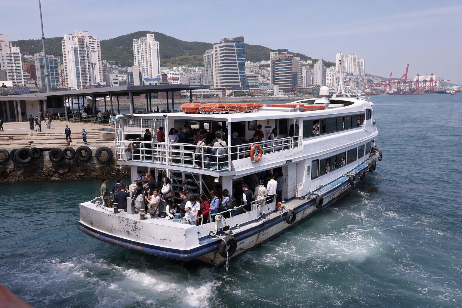 Photorealistic scene of a modern passenger ferry departing a coastal city terminal, passengers on deck, bright daylight, calm sea, no text