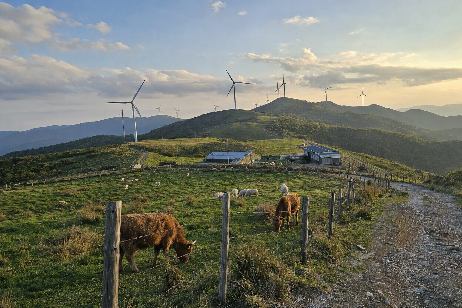 Photorealistic golden-hour view of rolling green hills and wind turbines at a highland ranch, fences and grazing animals, warm light, no text