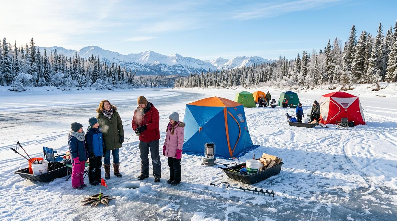 Photorealistic winter image of families ice fishing on a frozen river with colorful tents and bright sunshine, frosty breath visible, no text