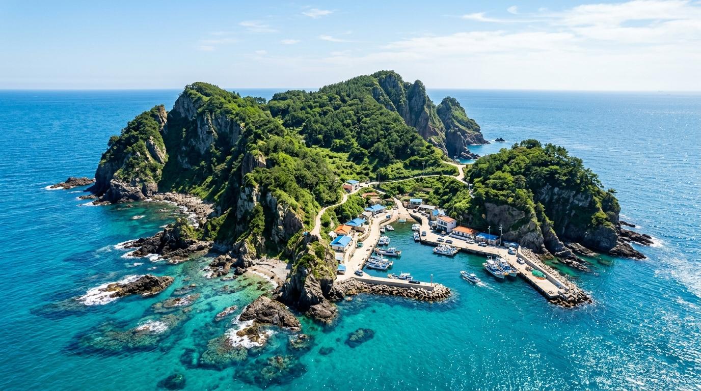 Photorealistic bright aerial view of a small Korean island with rugged cliffs and blue-green water, a tiny harbor, sunny sky, no text