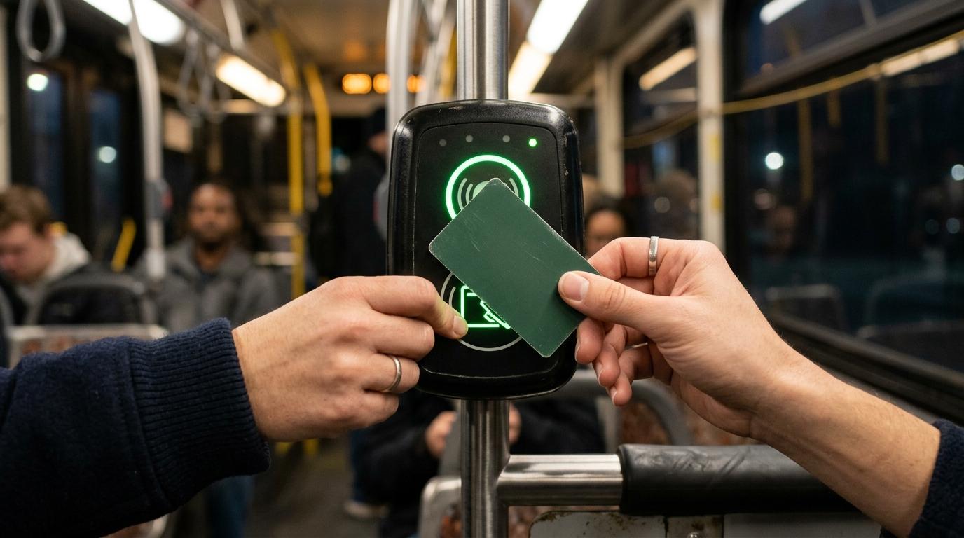 Photorealistic close-up of a hand tapping a transit card on a bus card reader, interior bus lights, sharp focus, no text