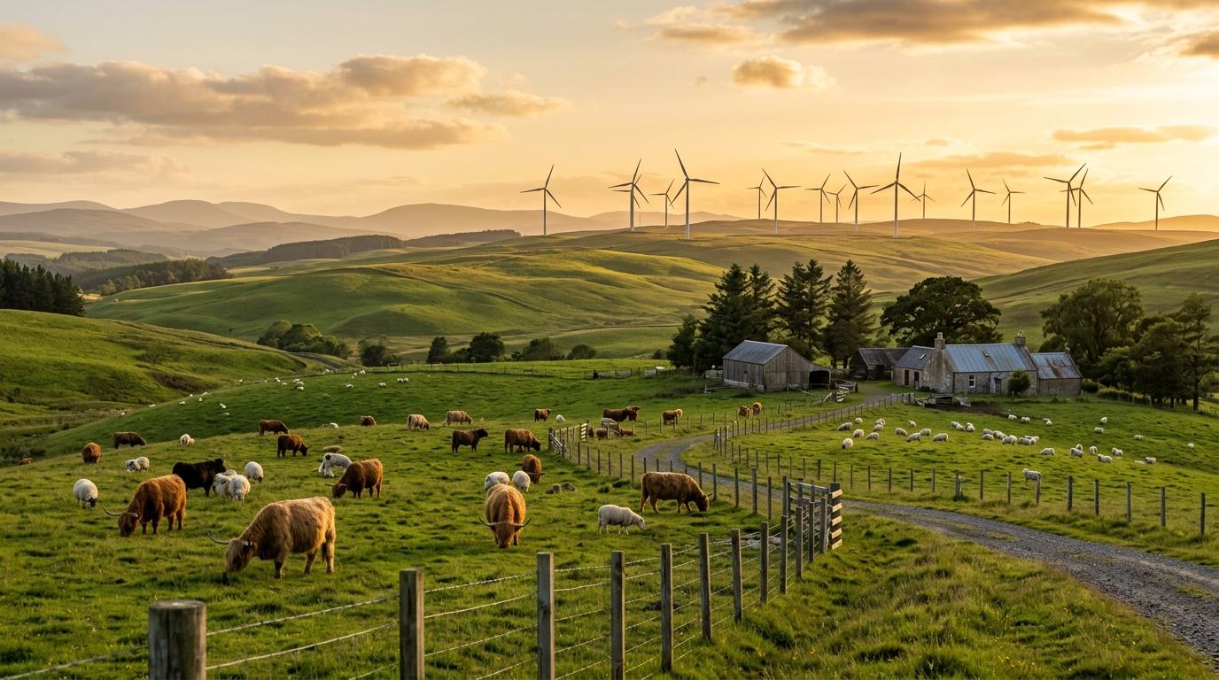 Photorealistic golden-hour view of rolling green hills and wind turbines at a highland ranch, fences and grazing animals, warm light, no text