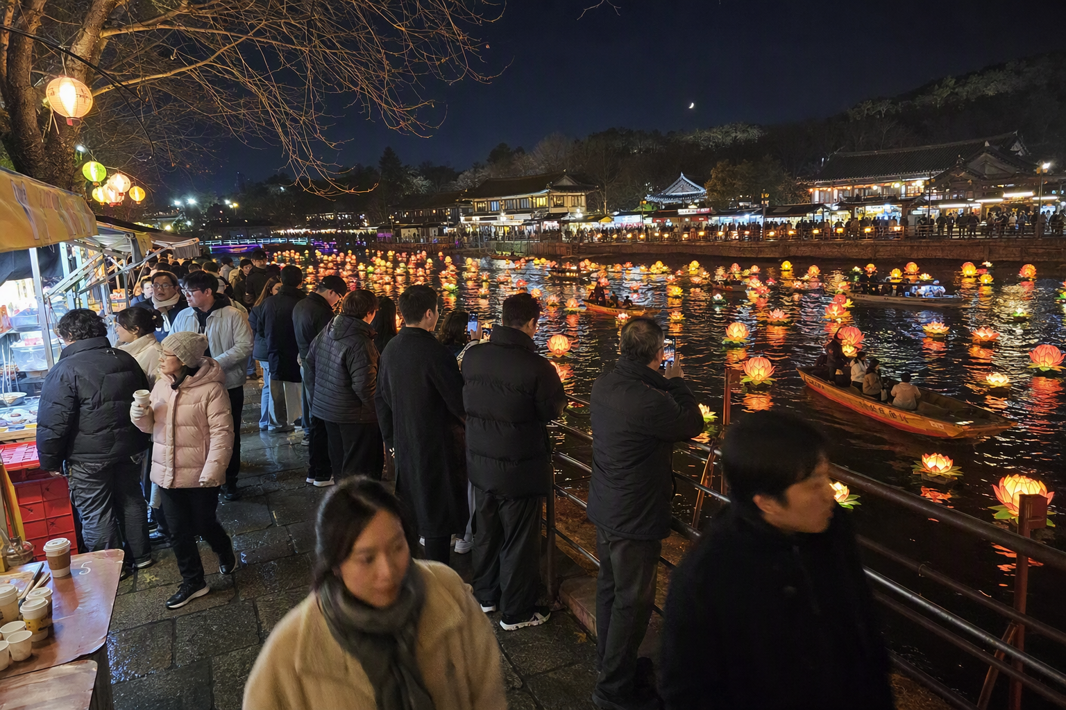 Photorealistic night scene of a river filled with glowing lantern installations, reflections on water, people strolling along the banks, no text