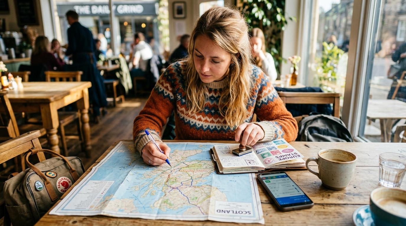 Gambar fotorealistik hidup seorang pelancong merencanakan dengan peta kertas, lembar perangko, dan ponsel yang menampilkan aplikasi transportasi di meja kafe, sinar matahari, tanpa teks