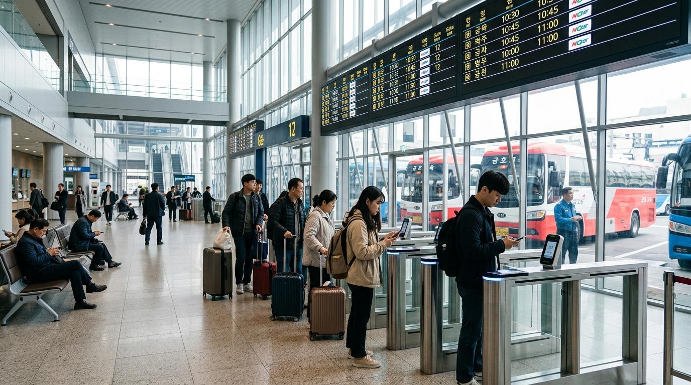 Photorealistic bright image of a modern Korean intercity bus terminal with digital boards, travelers using mobile tickets at gates, daylight, no text
