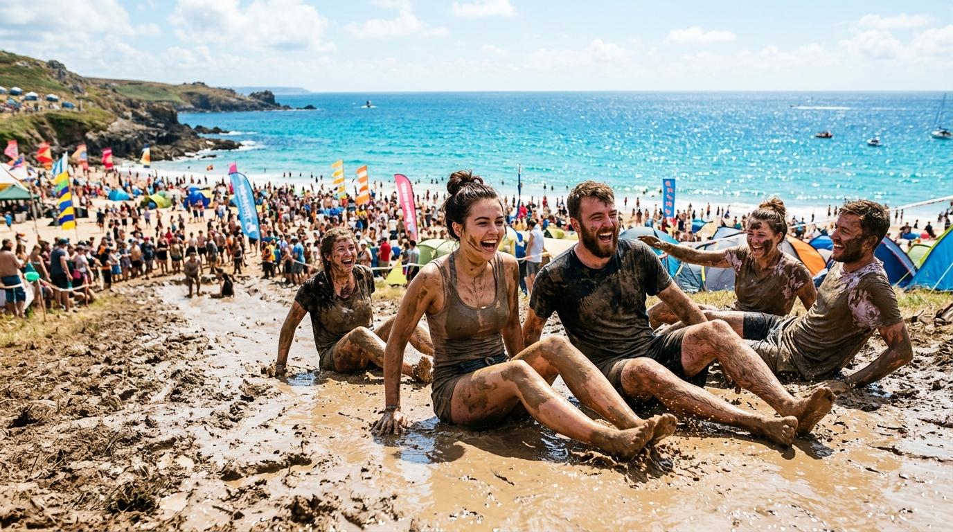 Bright photorealistic image of festival-goers covered in mud laughing and sliding at a beach event area, blue sea behind, summer sun, no text