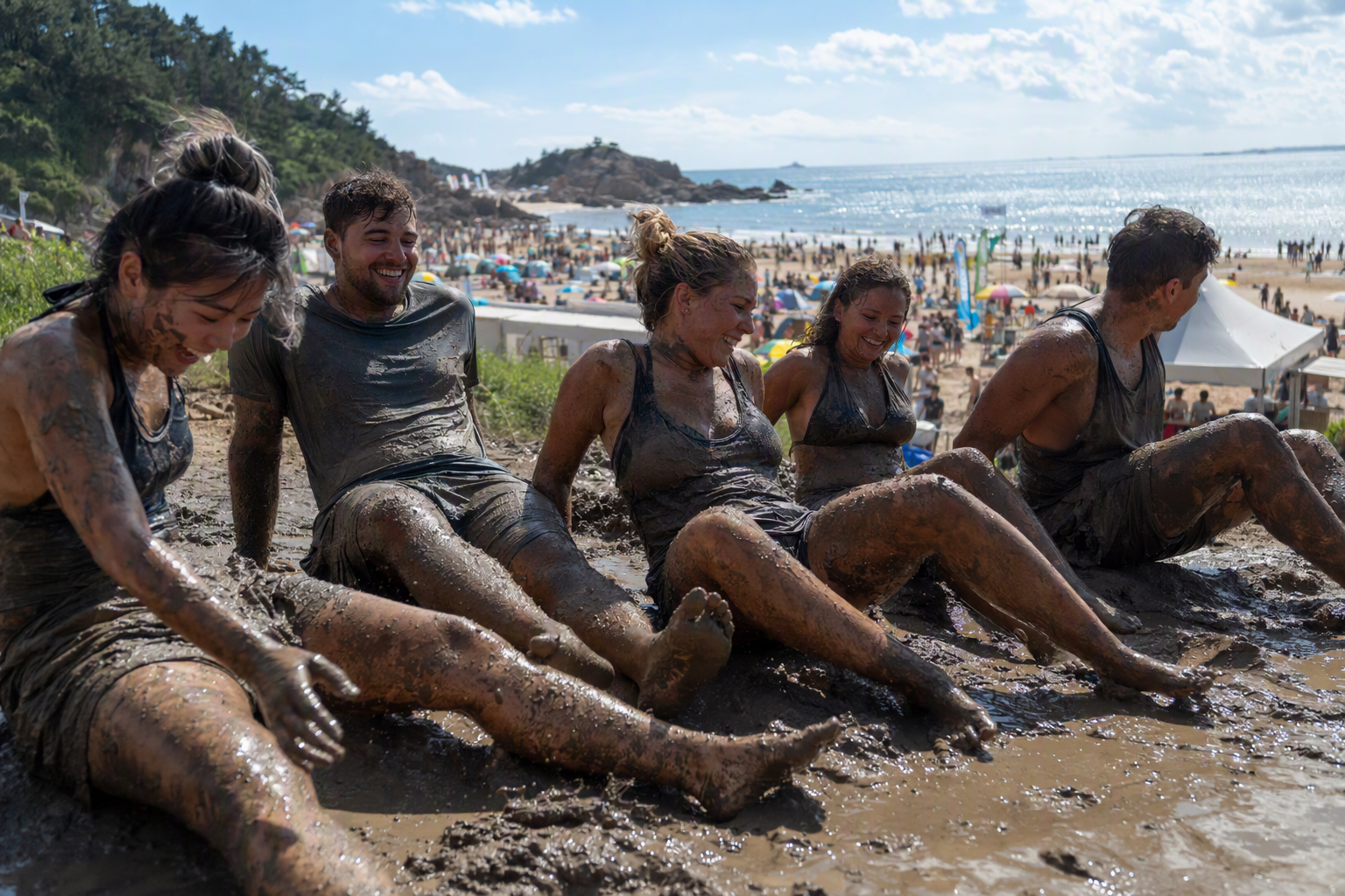 Bright photorealistic image of festival-goers covered in mud laughing and sliding at a beach event area, blue sea behind, summer sun, no text