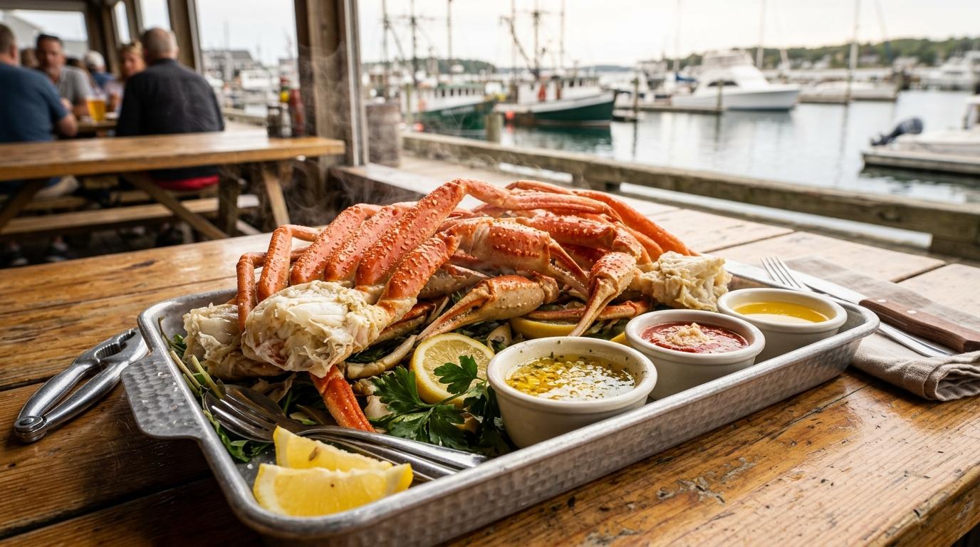 Bright photorealistic close-up of freshly steamed snow crab on a metal tray with dipping sauces, glistening shells, steam rising, wooden table at a harbor resta