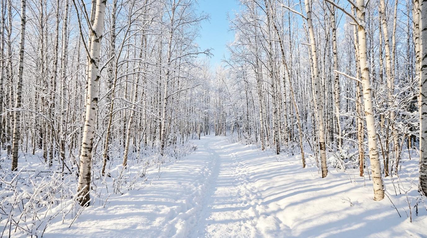 Bright photorealistic winter scene of a white birch forest with soft snow, clear sky, long shadows, serene path, no text