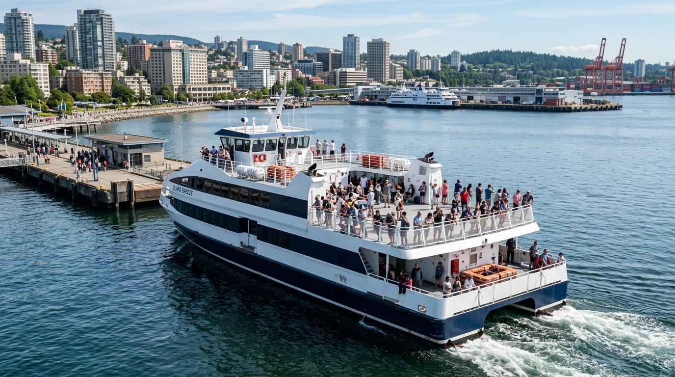 Photorealistic scene of a modern passenger ferry departing a coastal city terminal, passengers on deck, bright daylight, calm sea, no text