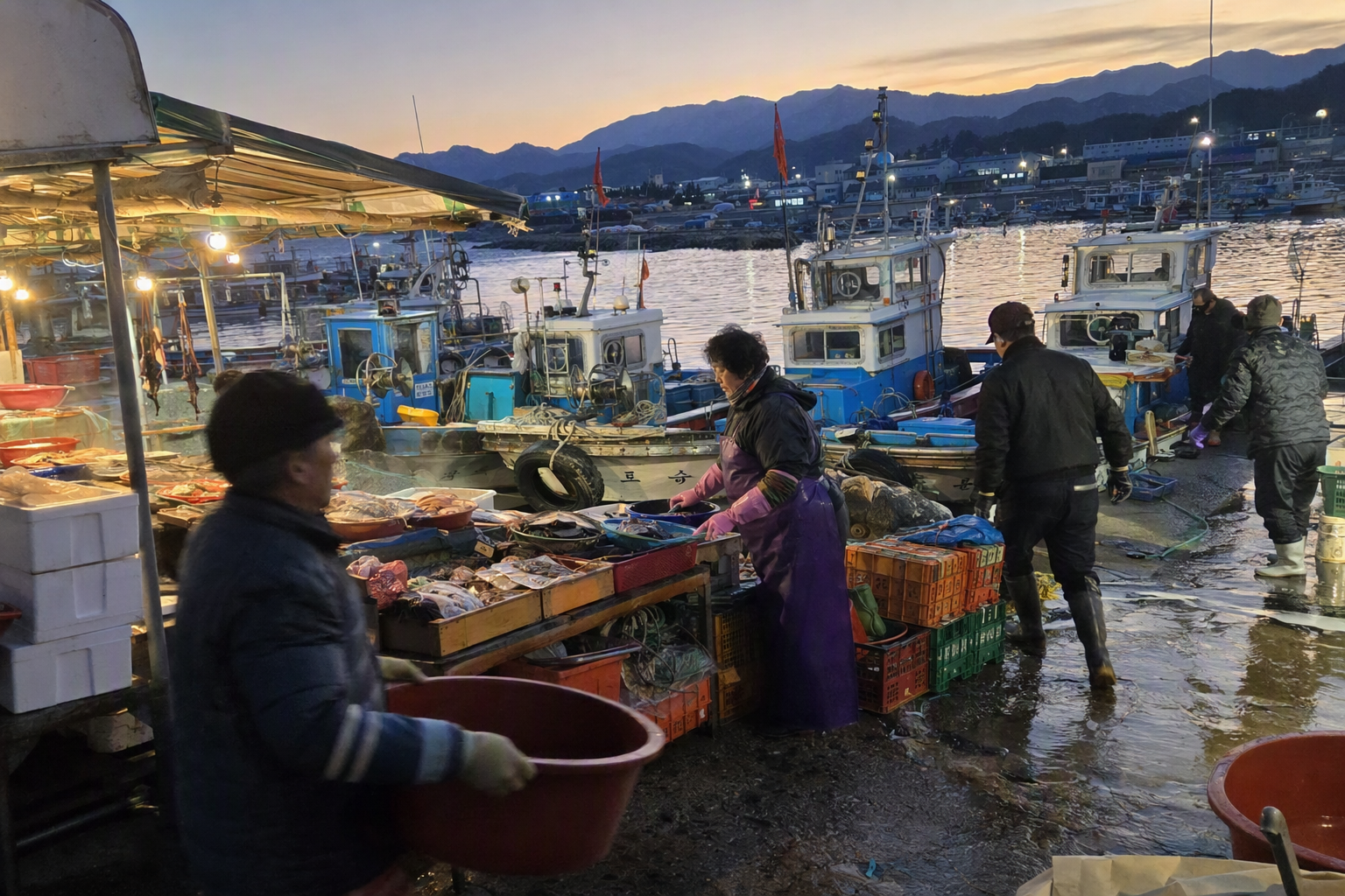 Photorealistic image of a small East Coast Korean fishing port at dawn, boats moored, seafood market stalls, crisp winter light, no text