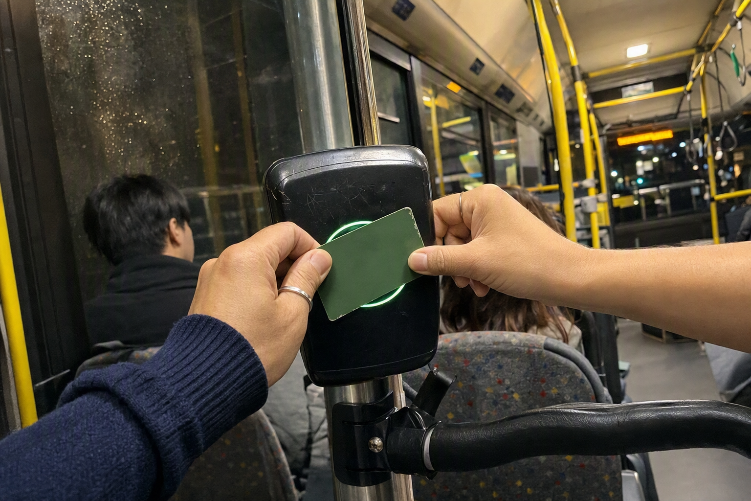 Photorealistic close-up of a hand tapping a transit card on a bus card reader, interior bus lights, sharp focus, no text