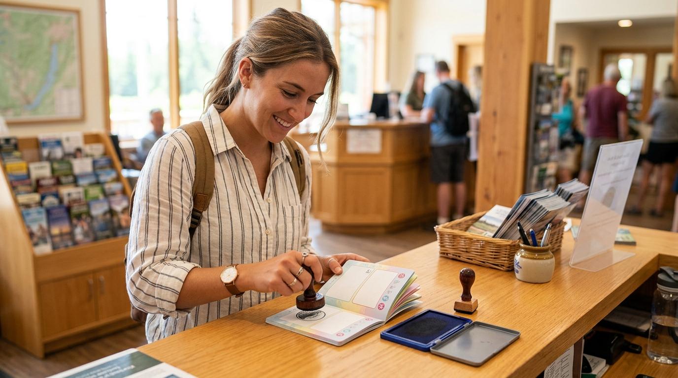 Bright photorealistic scene of a traveler stamping a souvenir passport at a visitor center counter, warm lighting, tidy desk with a rubber stamp and ink pad, no