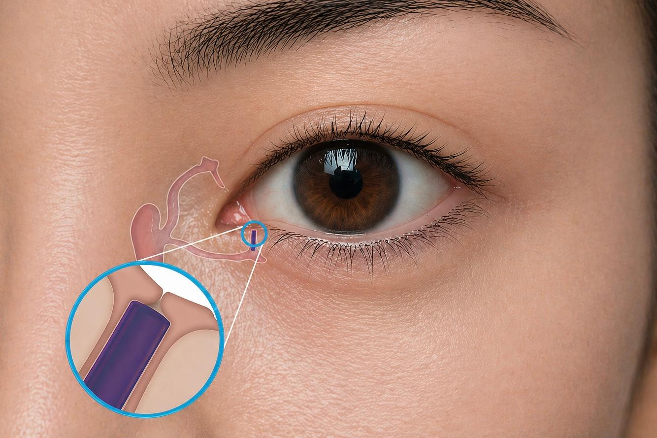 淚道栓塞術示意圖，將栓塞物置入淚道以減少淚液流失並改善乾眼