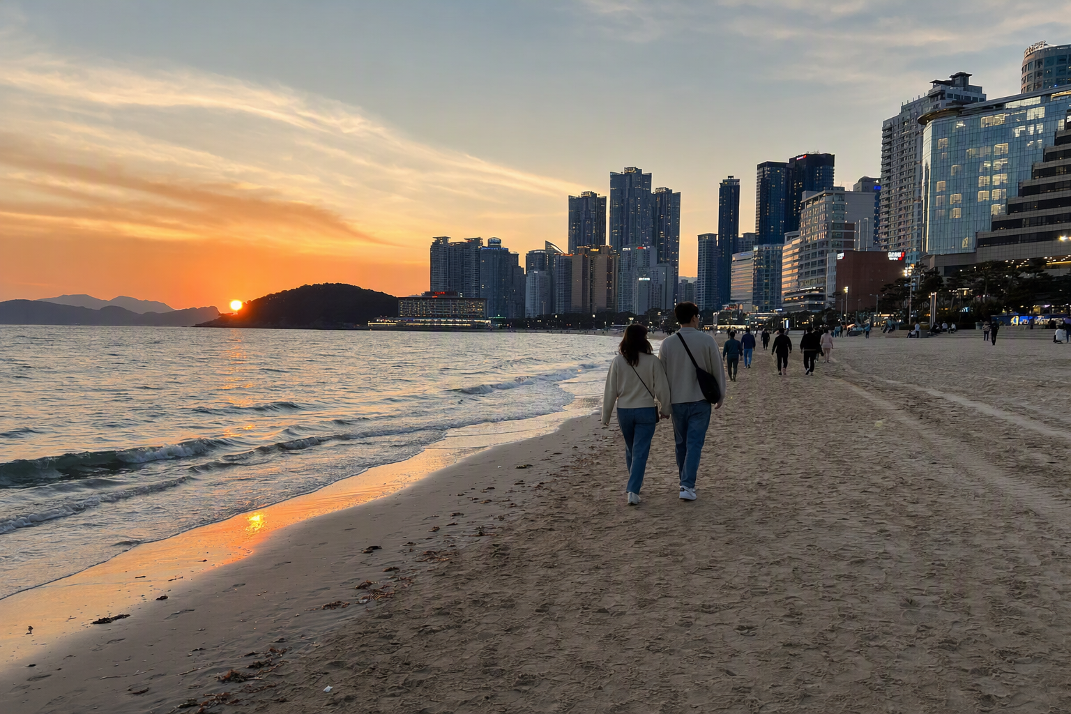 Vibrant photorealistic view of Haeundae Beach at sunrise, soft waves, wide sandy shore, modern skyline, people strolling, clear sky