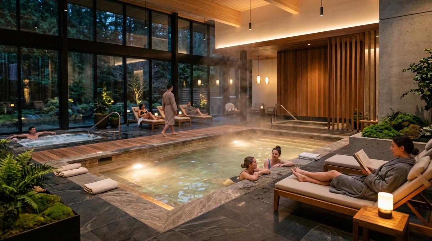 Interior fotorealistik spa modern dengan pencahayaan hangat, kolam besar, desain bersih, orang-orang bersantai, uap mengepul lembut