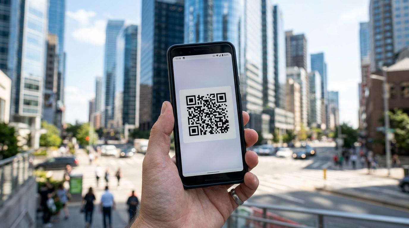 Close-up fotorealistik tangan yang memegang smartphone menampilkan pass kode QR, latar pemandangan kota, siang cerah, tanpa teks