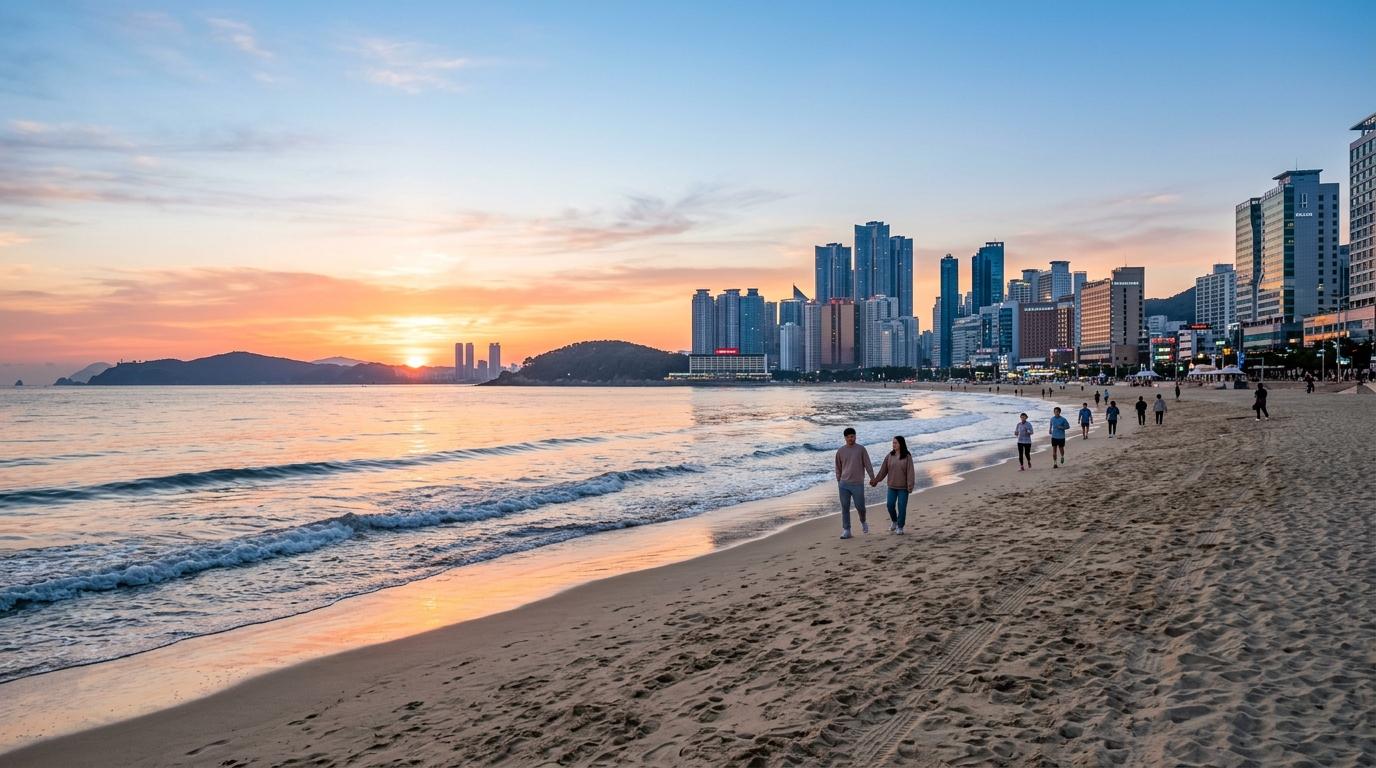 Pemandangan fotorealistik yang semarak dari Pantai Haeundae saat matahari terbit, ombak lembut, garis pantai berpasir yang lebar, skyline modern, orang-orang berjalan santai, langit cerah