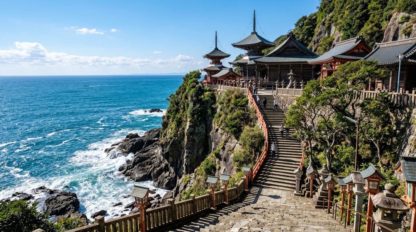 Foto cerah bergaya fotorealistis dari kuil di tepi tebing di atas laut biru, tangga batu, lentera, langit cerah, ombak menghantam di bawah