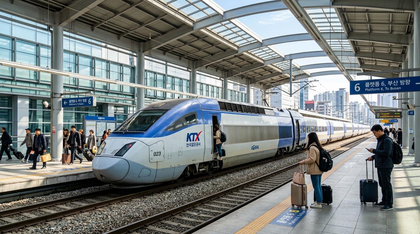 Foto cerah bergaya fotorealistik kereta cepat KTX di peron stasiun modern, bodi perak ramping, hari cerah, para pelancong dengan koper di dekatnya