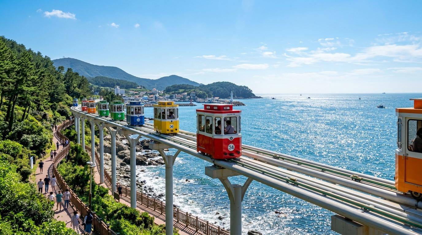 Foto cerah dan realistis dari sky capsule warna-warni yang meluncur di jalur tepi laut antara Mipo dan Cheongsapo, air berkilau, langit biru