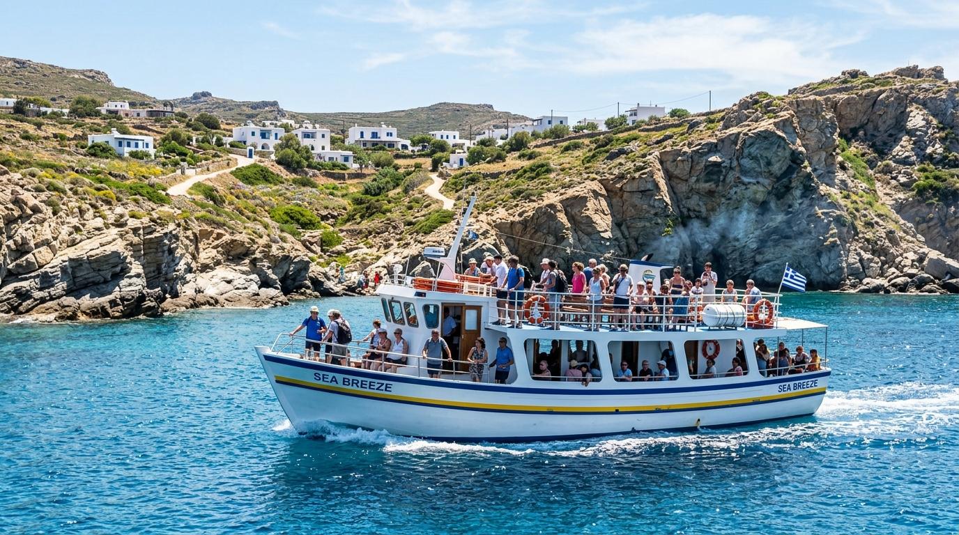 Foto fotorealistik cerah sebuah feri kecil pesisir yang melaju melewati garis pantai berbatu dan air biru, penumpang di dek, langit cerah
