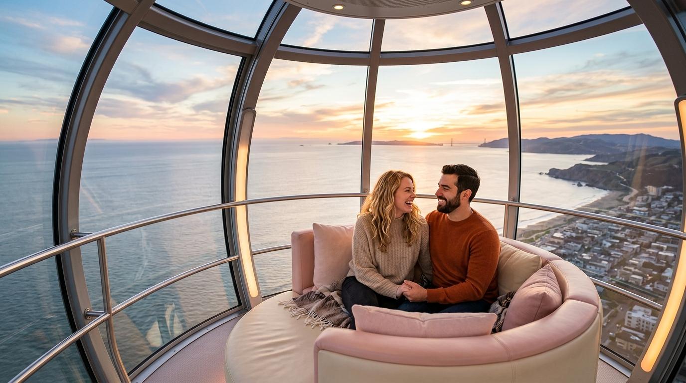 Foto interior realistis sepasang kekasih di sky capsule warna pastel, pemandangan laut melalui jendela besar, cahaya golden hour, tersenyum, tanpa teks