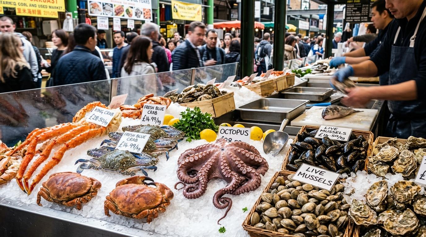 Close-up fotorealistik kios seafood dengan kepiting, kerang, dan gurita di atas es, suasana pasar yang ramai, pencahayaan terang