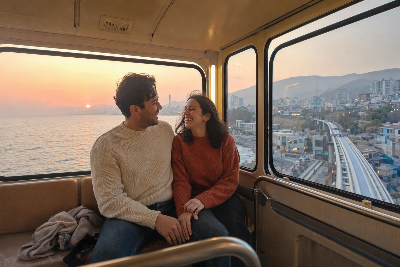 Photorealistic interior shot of a couple in a pastel sky capsule, ocean view through large windows, golden hour light, smiles, no text