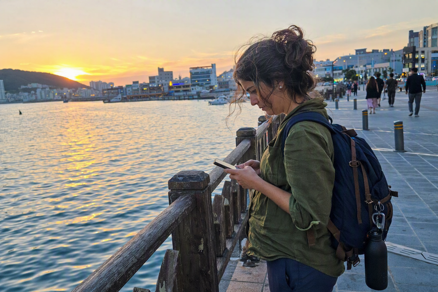 Photorealistic shot of a traveler checking a phone itinerary on a seaside promenade at sunset, soft colors, organized backpack, calm mood