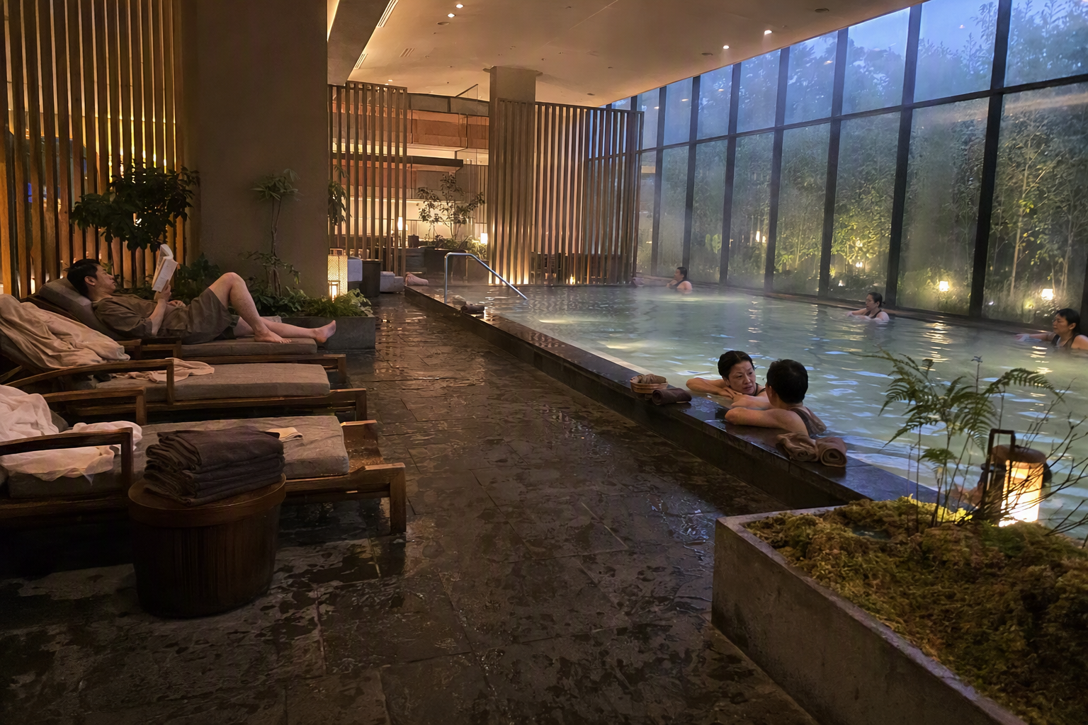 Photorealistic interior of a modern spa with warm lighting, large pools, clean design, people relaxing, steam gently rising