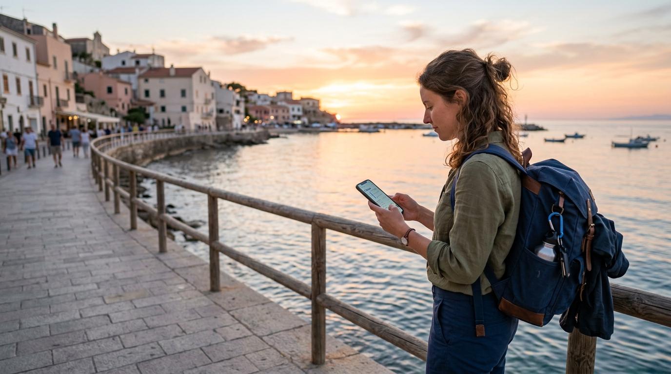 Foto realistis seorang wisatawan mengecek rencana perjalanan di ponsel di promenade tepi laut saat matahari terbenam, warna lembut, ransel tertata rapi, suasana tenang