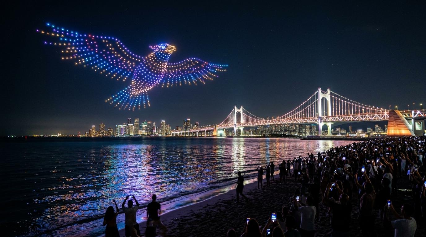 Bidikan malam fotorealistik yang semarak dari pertunjukan lampu drone di atas pantai, jembatan yang diterangi di latar belakang, siluet kerumunan, pantulan berkilau