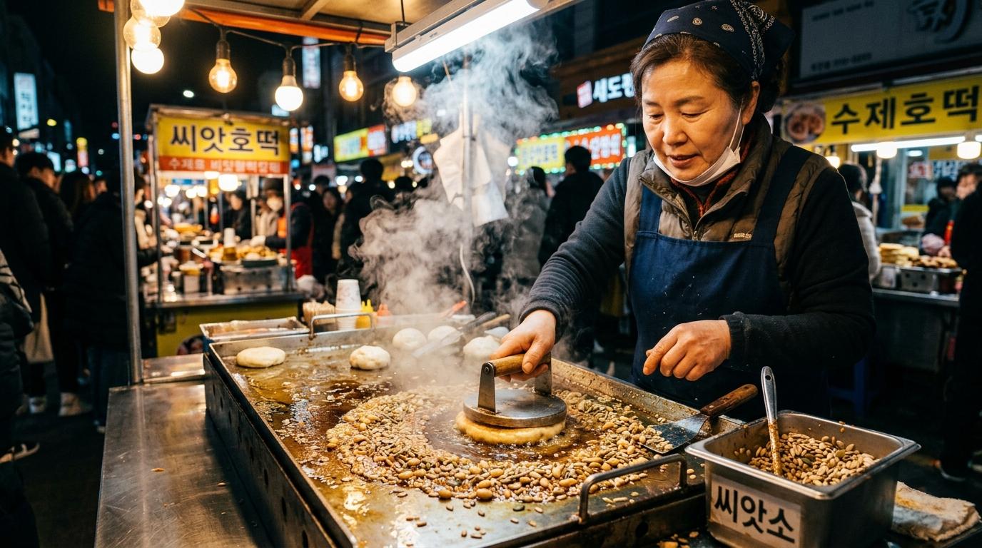 Pedagang kaki lima fotorealistik menekan seed hotteok di atas panggangan panas, gula yang terkaramelisasi dan biji-bijian, uap mengepul, lampu pasar malam