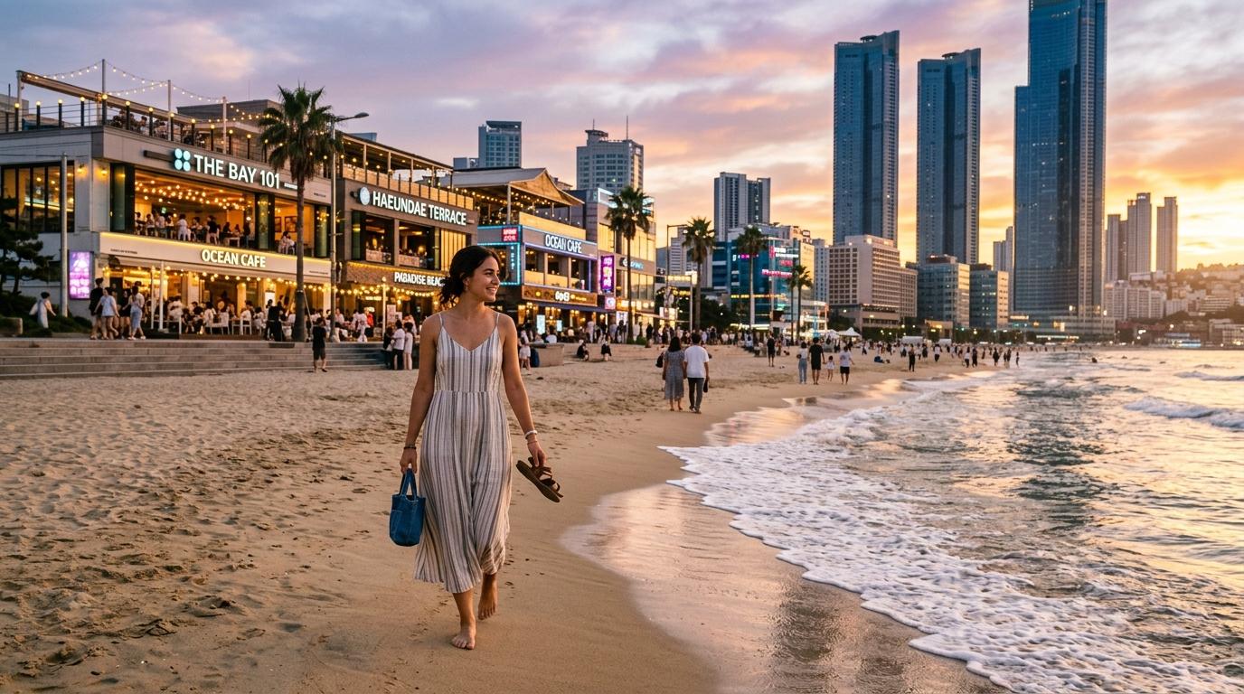 Foto cerah bergaya fotorealistik seorang pelancong berjalan santai di sepanjang Haeundae saat golden hour, kafe-kafe tepi pantai menyala, ombak lembut, suasana rileks