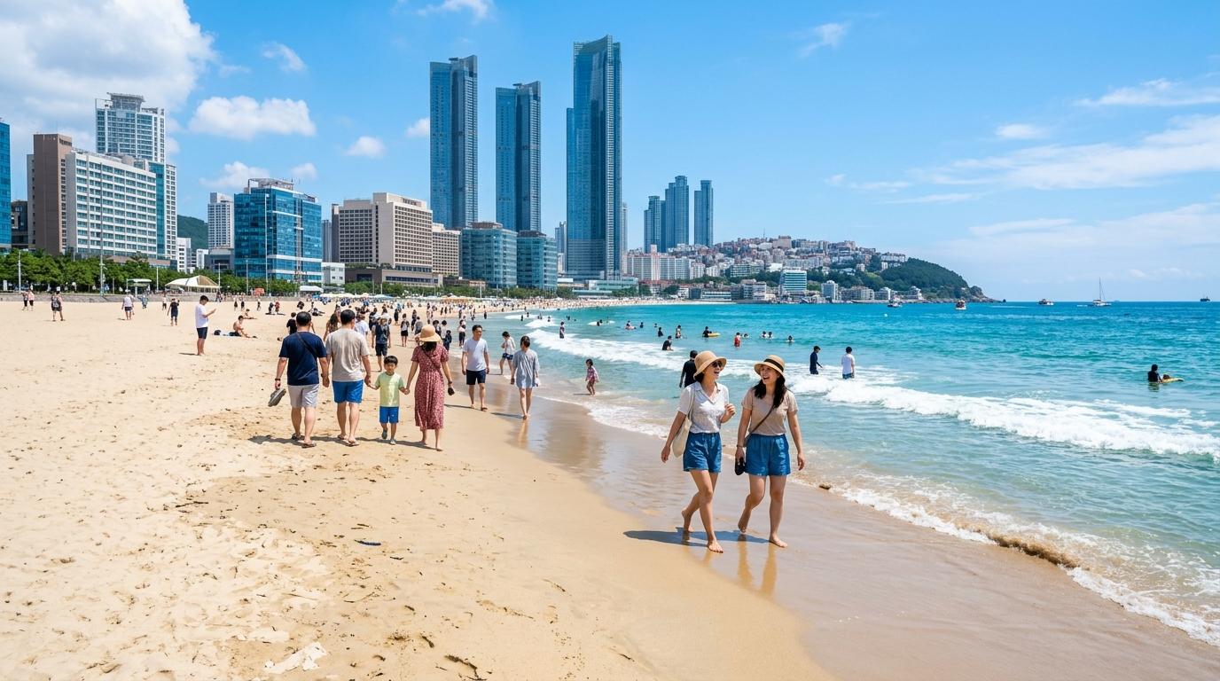 Suasana Pantai Haeundae fotorealistik yang cerah dan hidup dengan pasir putih, air turquoise, cakrawala modern, wisatawan santai berjalan, cahaya musim panas yang jernih, tanpa teks