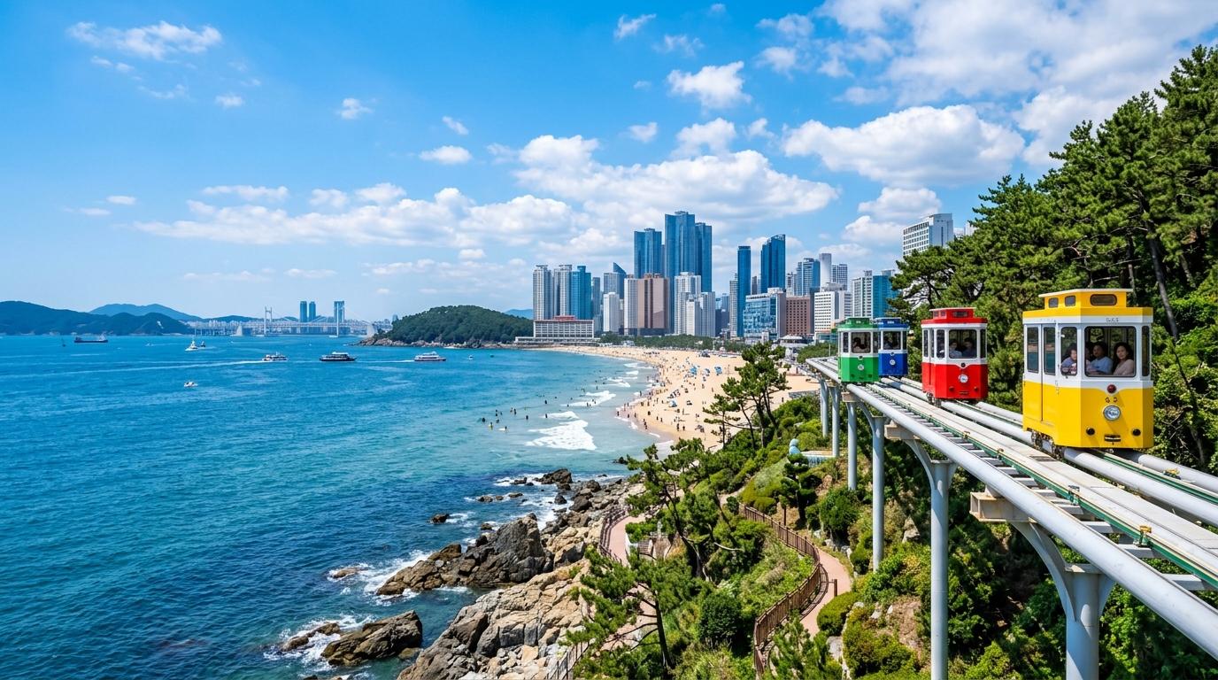 Pemandangan fotorealistik yang cerah dan hidup dari sky capsule warna-warni yang melaju di sepanjang pesisir Busan di atas laut biru, siang cerah, suasana liburan ceria, tanpa teks