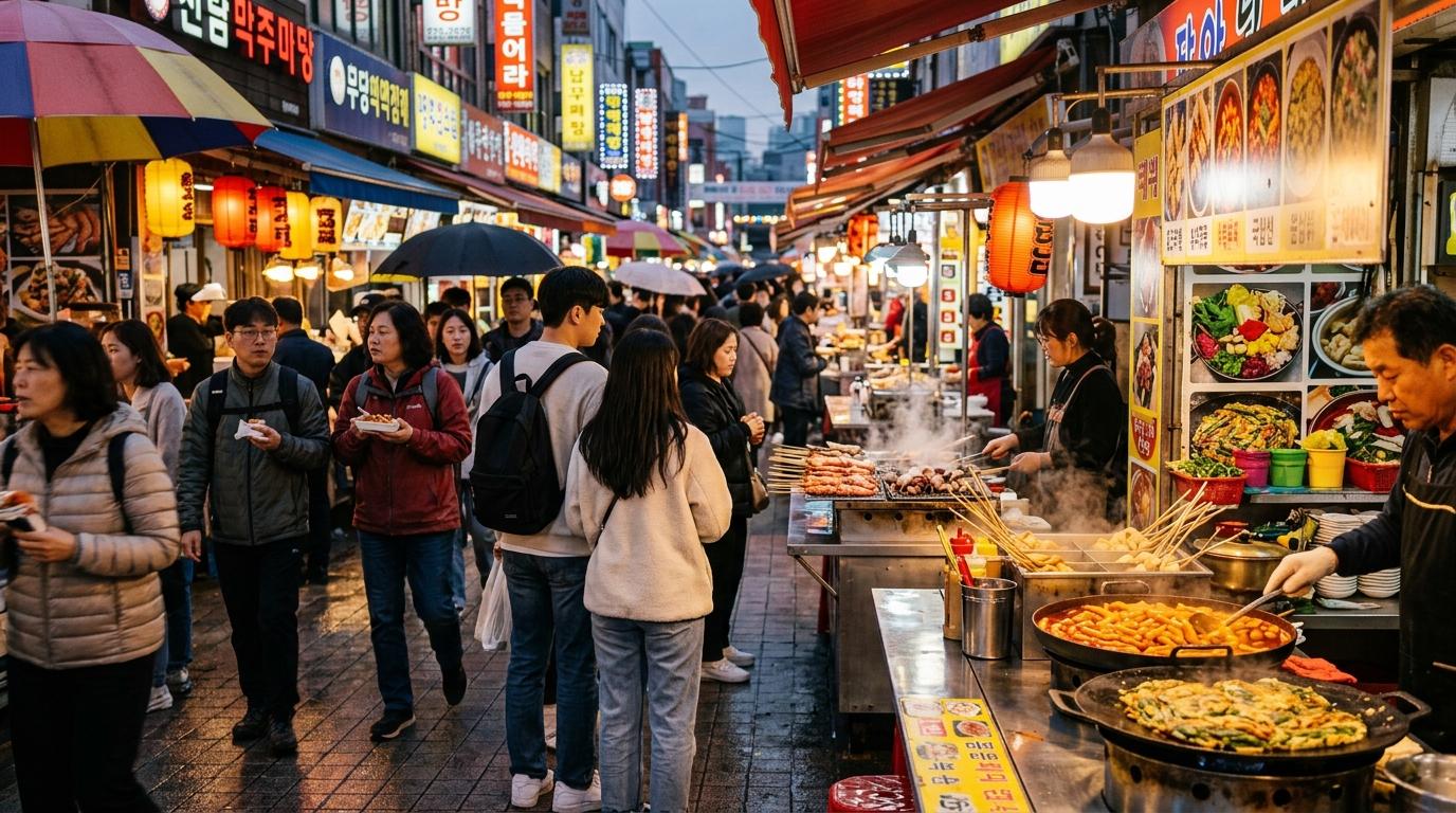 Suasana street food fotorealistis cerah dan vibrant di alun-alun pasar Busan yang ramai dengan jajanan yang mendesis, kios-kios warna-warni, traveler berjalan, cahaya senja, tanpa teks