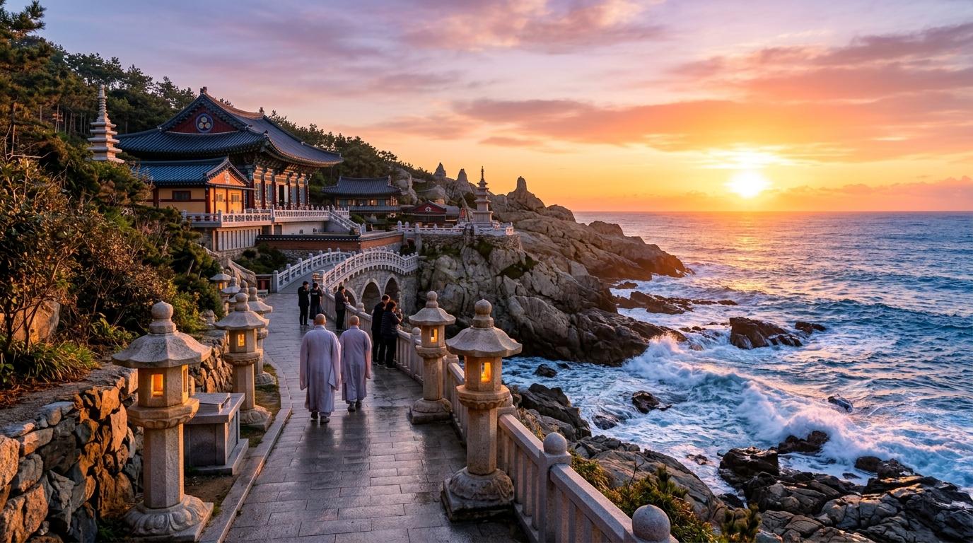 Matahari terbit fotorealistik yang cerah dan hidup di sebuah kuil Buddha tepi laut di Busan dengan ombak laut, lentera batu, cahaya keemasan hangat, suasana damai, tanpa teks