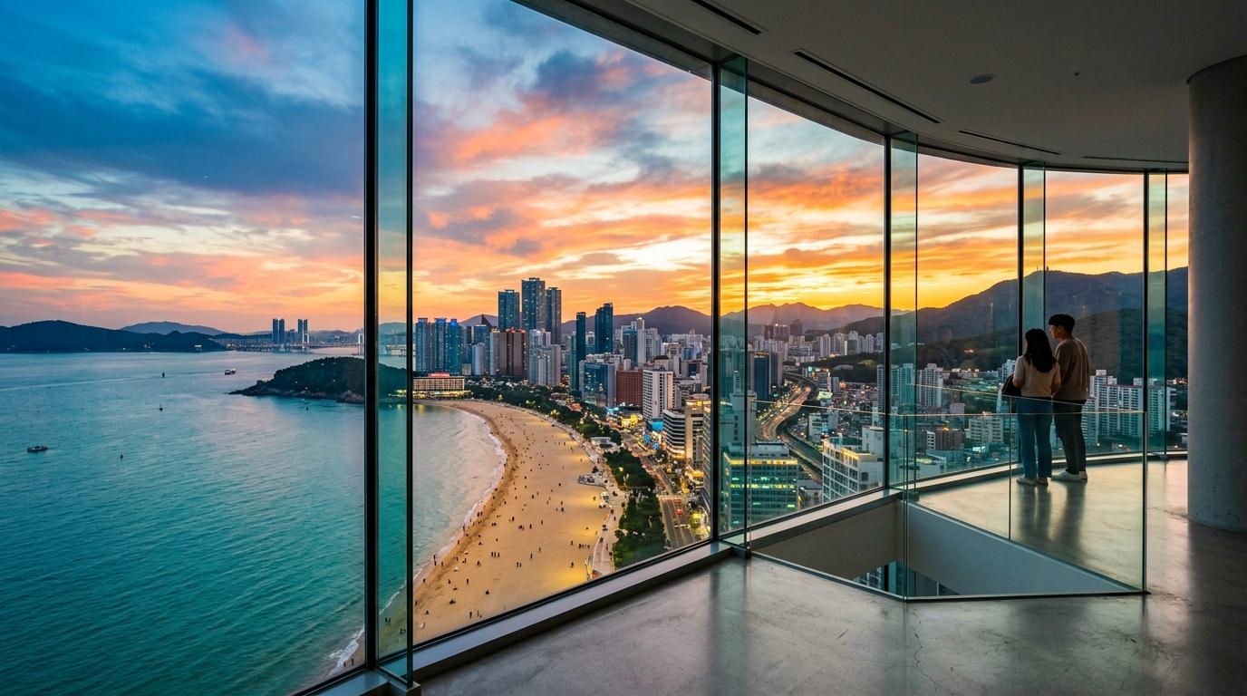 Pemandangan fotorealistik yang cerah dan hidup dari dek observasi tinggi menghadap Pantai Haeundae, cakrawala kota Busan, laut dan pegunungan saat matahari terbenam, interior kaca bersih, tanpa teks