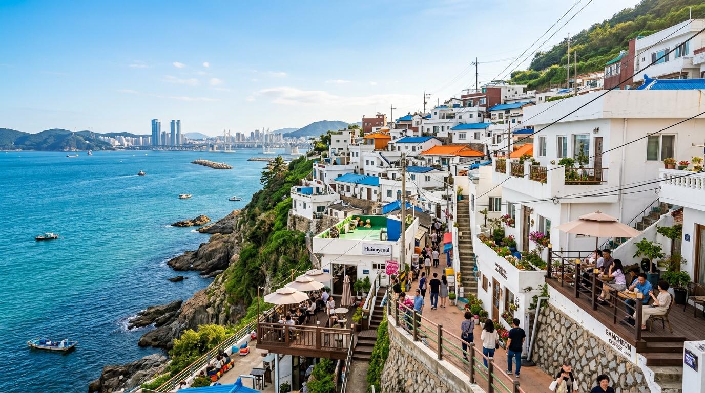 Foto perjalanan gaya fotorealistik yang cerah dan berwarna, desa pesisir di tebing di Busan dengan rumah-rumah putih, laut biru, teras kafe, sinar matahari sore, suasana perjalanan yang tenang, tanpa teks